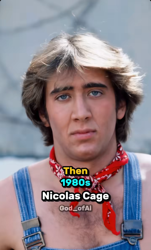 Then: 1980s Nicolas Cageโ โ denim, bandana, and pure chaotic charisma.